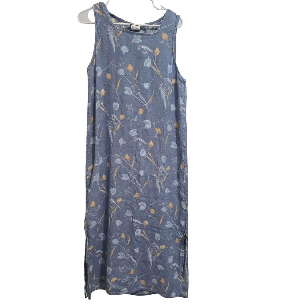 VTG 90s Studio Ease Linen Floral Maxi Dress Women's 8 Blue Tulip Prairie Grunge